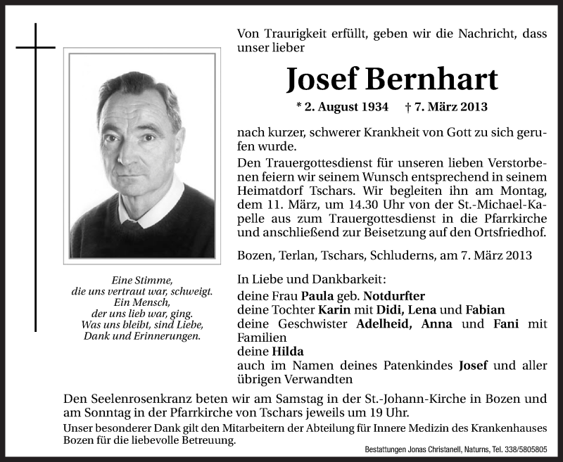  Traueranzeige für Josef Bernhart vom 08.03.2013 aus Dolomiten