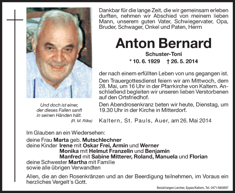  Traueranzeige für Anton Bernard vom 27.05.2014 aus Dolomiten