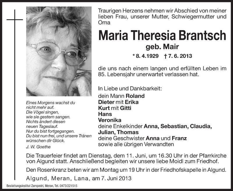  Traueranzeige für Maria Theresia Brantsch vom 10.06.2013 aus Dolomiten