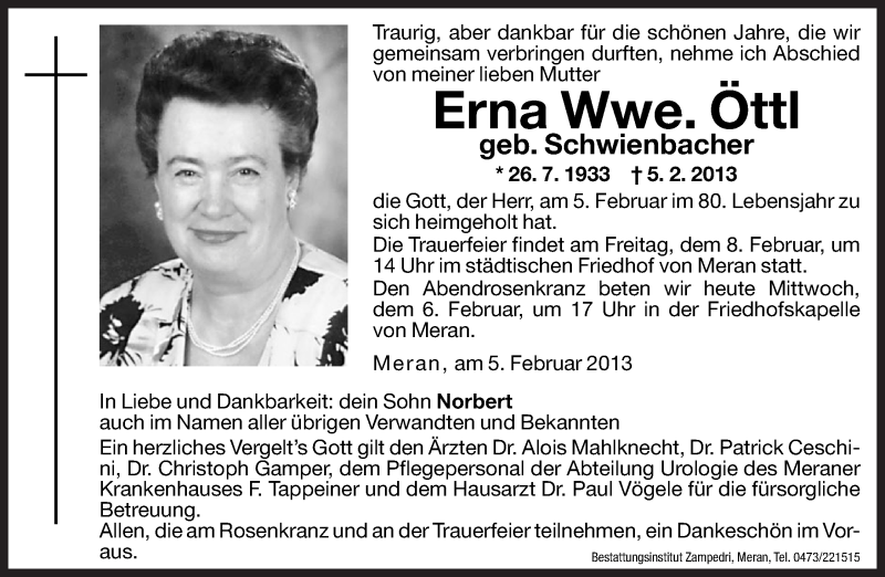  Traueranzeige für Erna Öttl vom 06.02.2013 aus Dolomiten