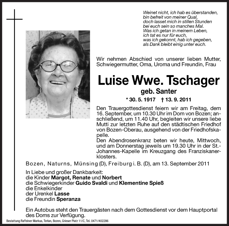  Traueranzeige für Luise Tschager vom 14.09.2011 aus Dolomiten