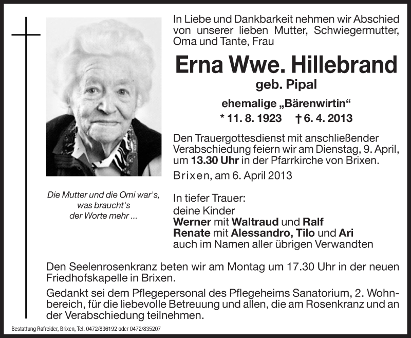  Traueranzeige für Erna Hillebrand vom 08.04.2013 aus Dolomiten