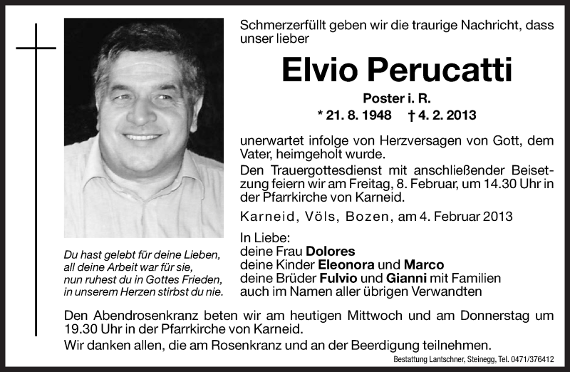  Traueranzeige für Elvio Perucatti vom 06.02.2013 aus Dolomiten