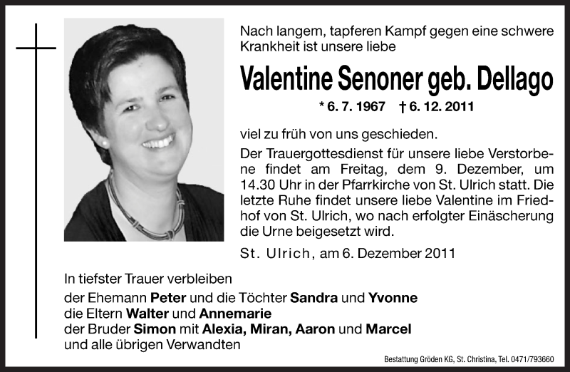  Traueranzeige für Valentine Senoner vom 09.12.2011 aus Dolomiten