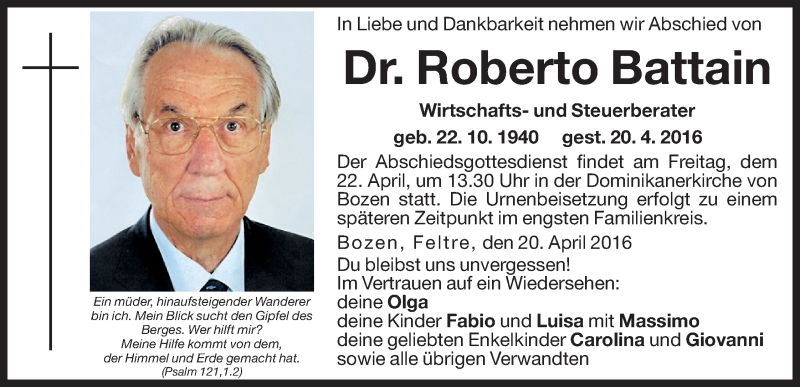  Traueranzeige für Roberto Battain vom 21.04.2016 aus Dolomiten