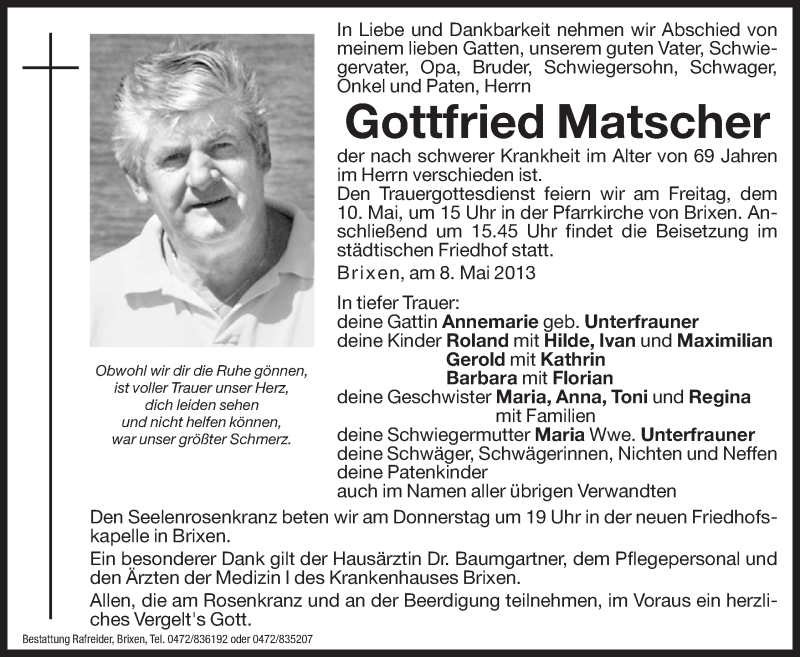  Traueranzeige für Gottfried Matscher vom 09.05.2013 aus Dolomiten