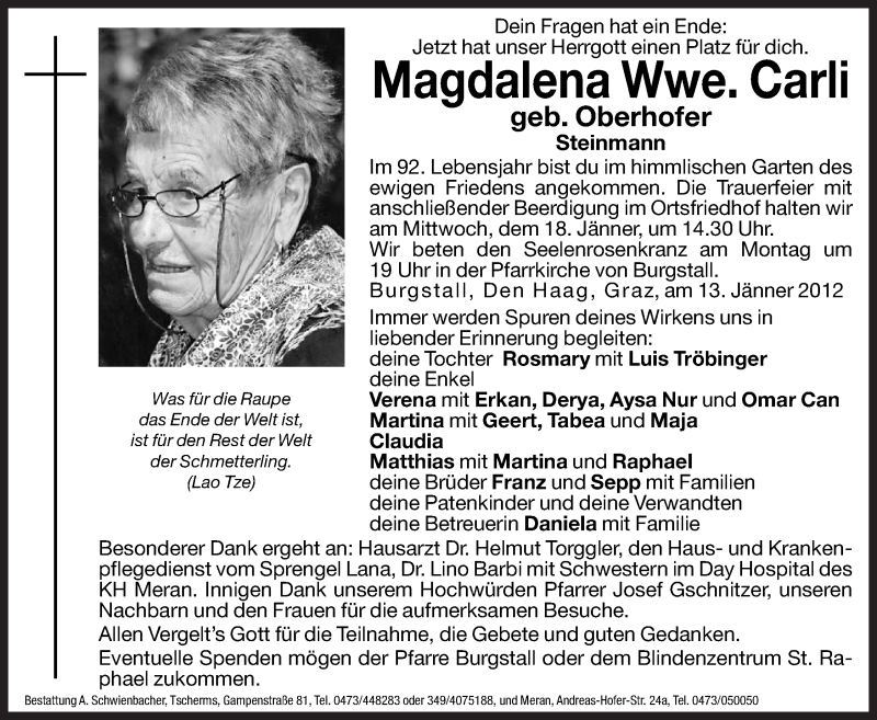  Traueranzeige für Magdalena Carli vom 16.01.2012 aus Dolomiten