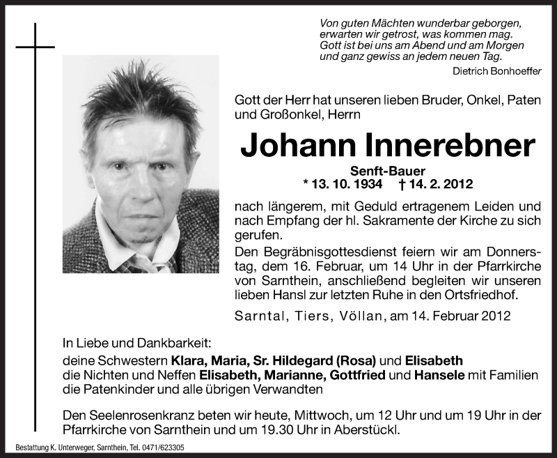  Traueranzeige für Johann Innerebner vom 15.02.2012 aus Dolomiten