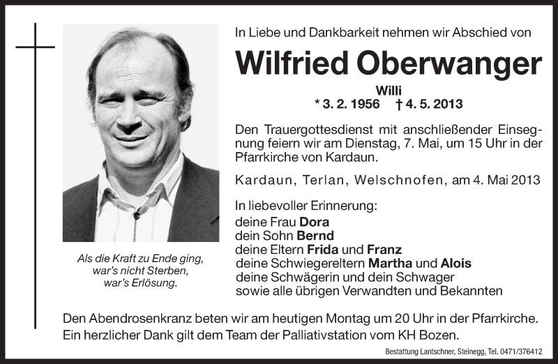  Traueranzeige für Wilfried Oberwanger vom 06.05.2013 aus Dolomiten