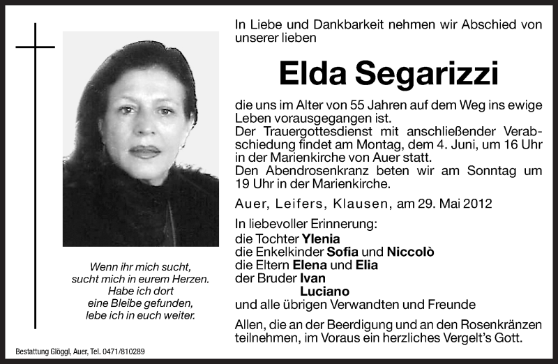  Traueranzeige für Elda Segarizzi vom 01.06.2012 aus Dolomiten