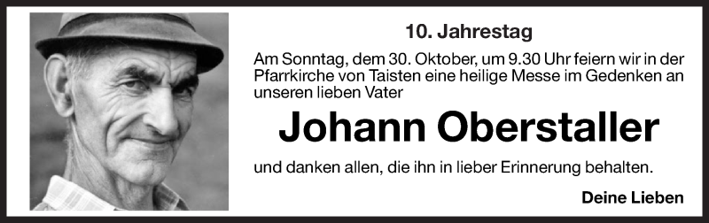  Traueranzeige für Johann Oberstaller vom 12.10.2011 aus Dolomiten