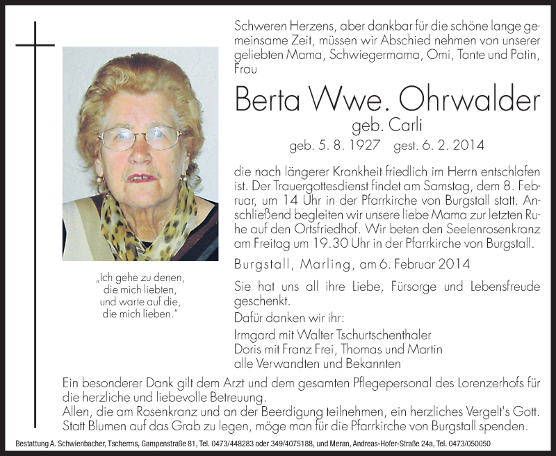  Traueranzeige für Berta Ohrwalder vom 07.02.2014 aus Dolomiten