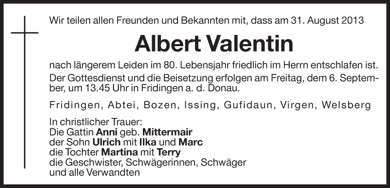  Traueranzeige für Albert Valentin vom 04.09.2013 aus Dolomiten