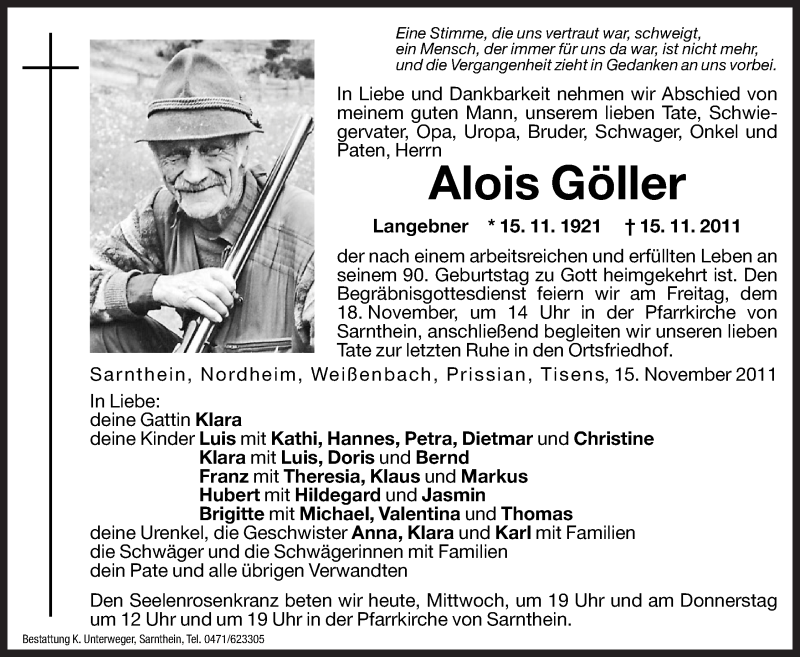  Traueranzeige für Alois Göller vom 16.11.2011 aus Dolomiten