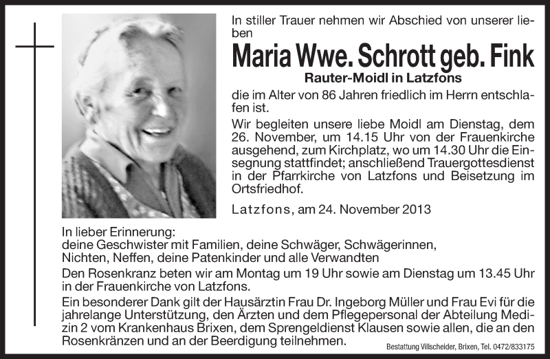  Traueranzeige für Maria Schrott vom 25.11.2013 aus Dolomiten