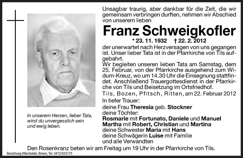  Traueranzeige für Franz Schweigkofler vom 24.02.2012 aus Dolomiten