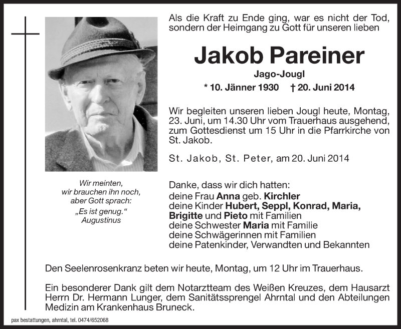  Traueranzeige für Jakob Pareiner vom 23.06.2014 aus Dolomiten