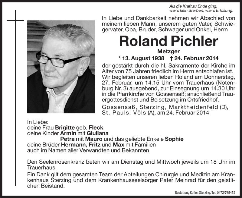 Traueranzeige für Roland Pichler vom 25.02.2014 aus Dolomiten