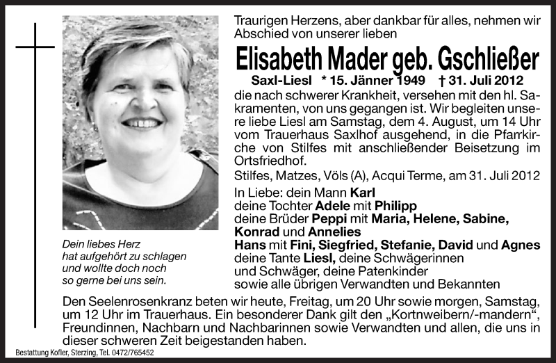  Traueranzeige für Elisabeth Mader vom 03.08.2012 aus Dolomiten