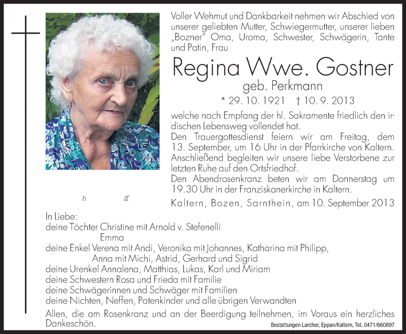  Traueranzeige für Regina Gostner vom 11.09.2013 aus Dolomiten