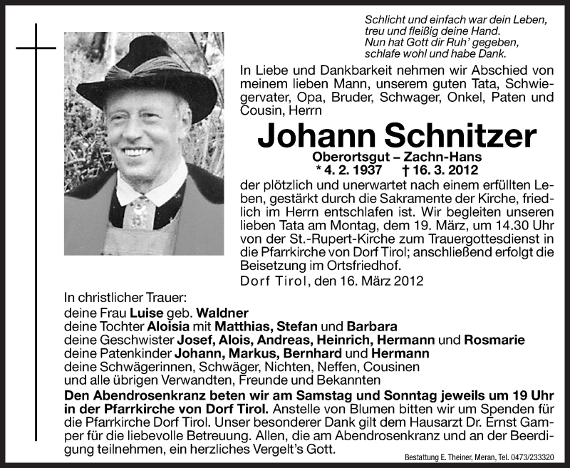  Traueranzeige für Johann Schnitzer vom 17.03.2012 aus Dolomiten