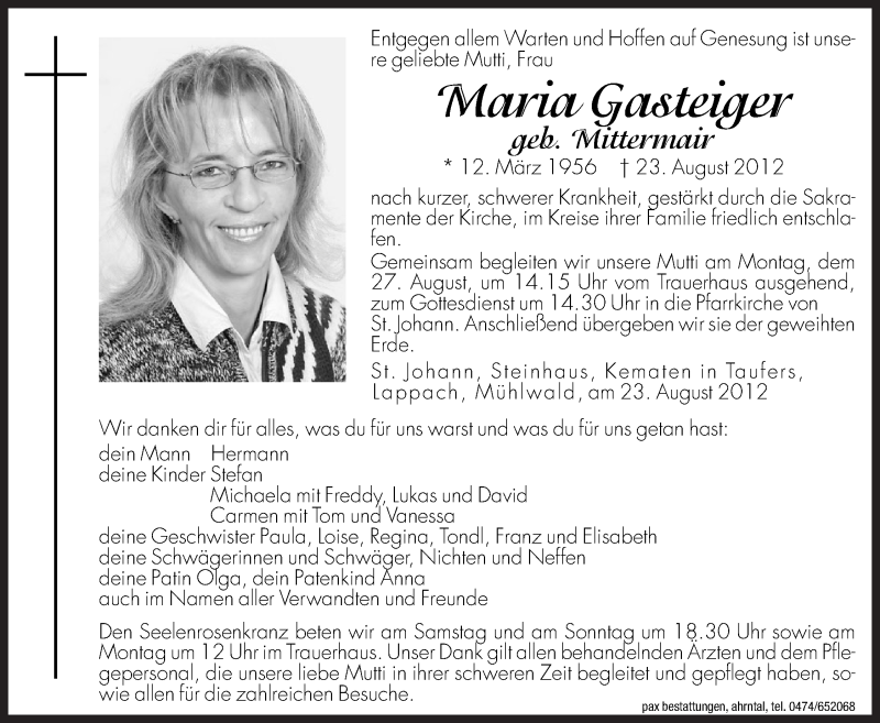  Traueranzeige für Maria Gasteiger vom 25.08.2012 aus Dolomiten