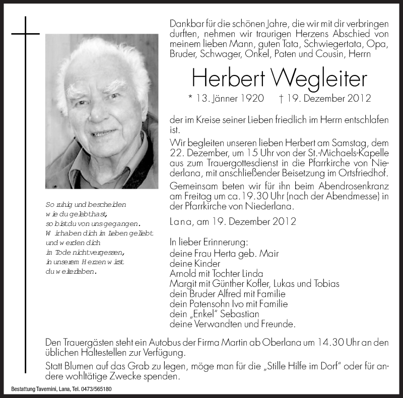  Traueranzeige für Herbert Wegleiter vom 21.12.2012 aus Dolomiten