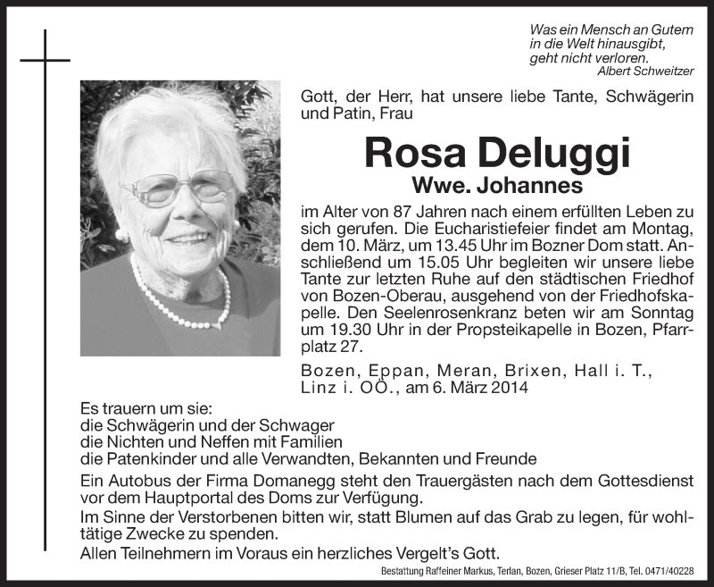  Traueranzeige für Rosa Johannes vom 08.03.2014 aus Dolomiten