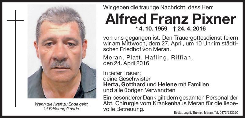  Traueranzeige für Alfred Franz Pixner vom 26.04.2016 aus Dolomiten