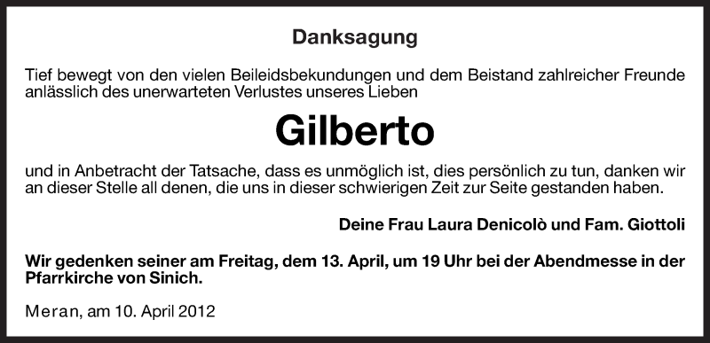  Traueranzeige für Gilberto  vom 11.04.2012 aus Dolomiten