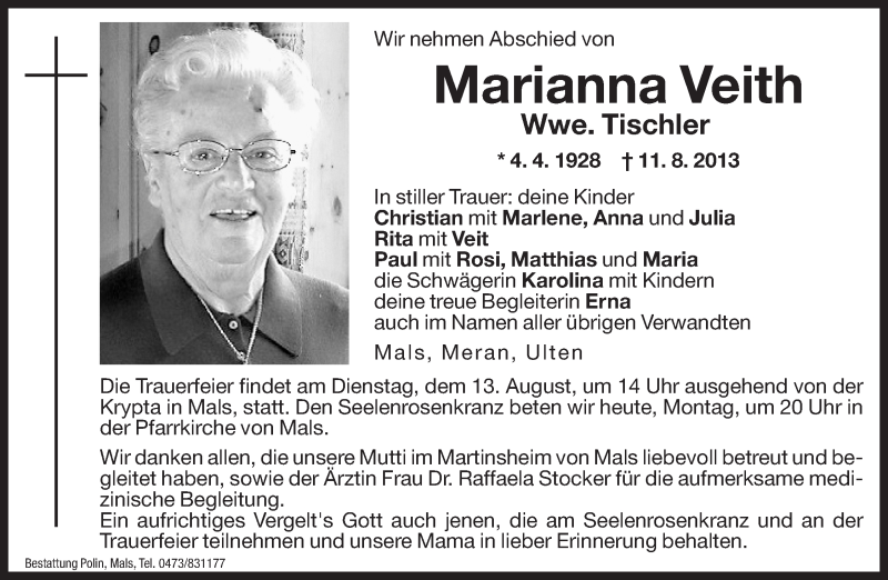  Traueranzeige für Marianna Tischler vom 12.08.2013 aus Dolomiten