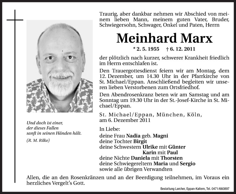  Traueranzeige für Meinhard Marx vom 09.12.2011 aus Dolomiten