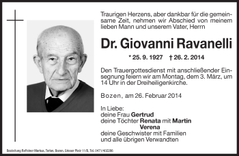Traueranzeige von Giovanni Ravanelli von Dolomiten