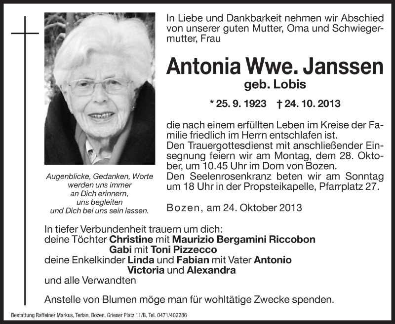  Traueranzeige für Antonia Janssen vom 25.10.2013 aus Dolomiten