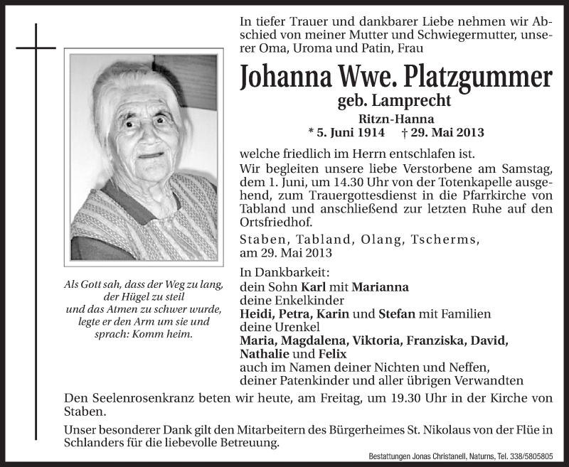  Traueranzeige für Johanna Platzgummer vom 31.05.2013 aus Dolomiten