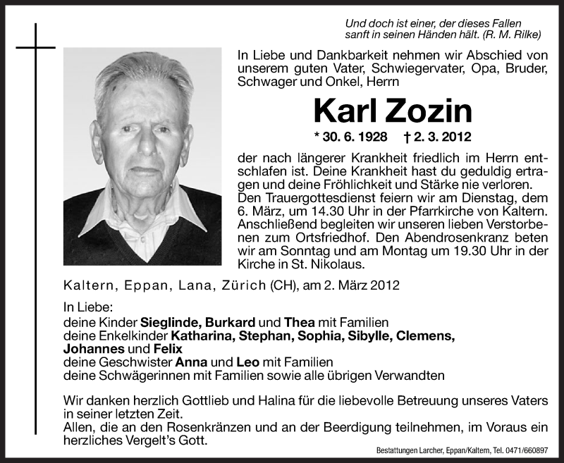  Traueranzeige für Karl Zozin vom 03.03.2012 aus Dolomiten