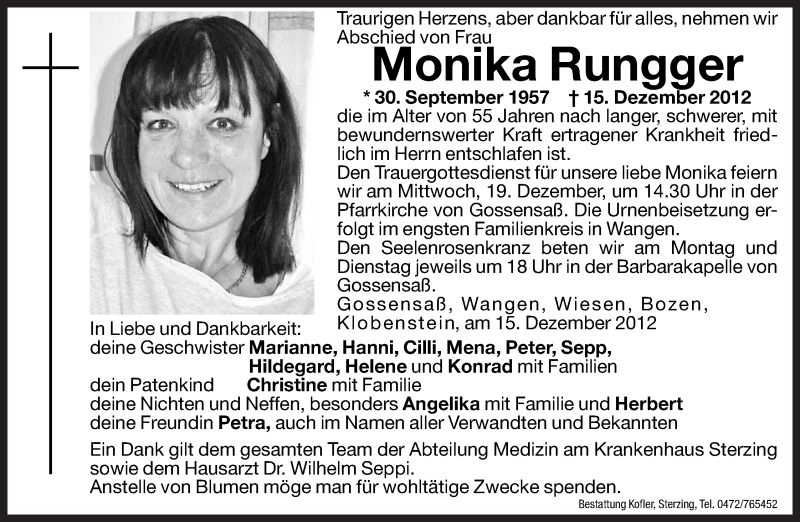  Traueranzeige für Monika Rungger vom 17.12.2012 aus Dolomiten