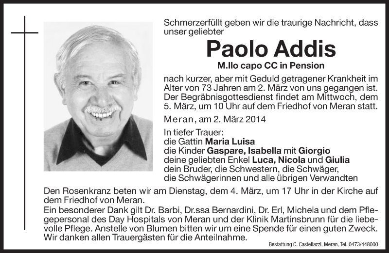  Traueranzeige für Paolo Addis vom 04.03.2014 aus Dolomiten