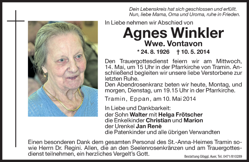  Traueranzeige für Agnes Vontavon vom 12.05.2014 aus Dolomiten