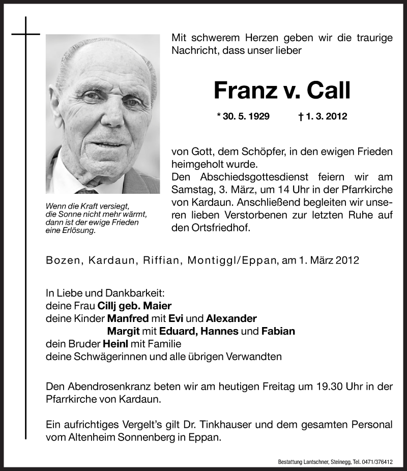  Traueranzeige für Franz v. Call vom 02.03.2012 aus Dolomiten