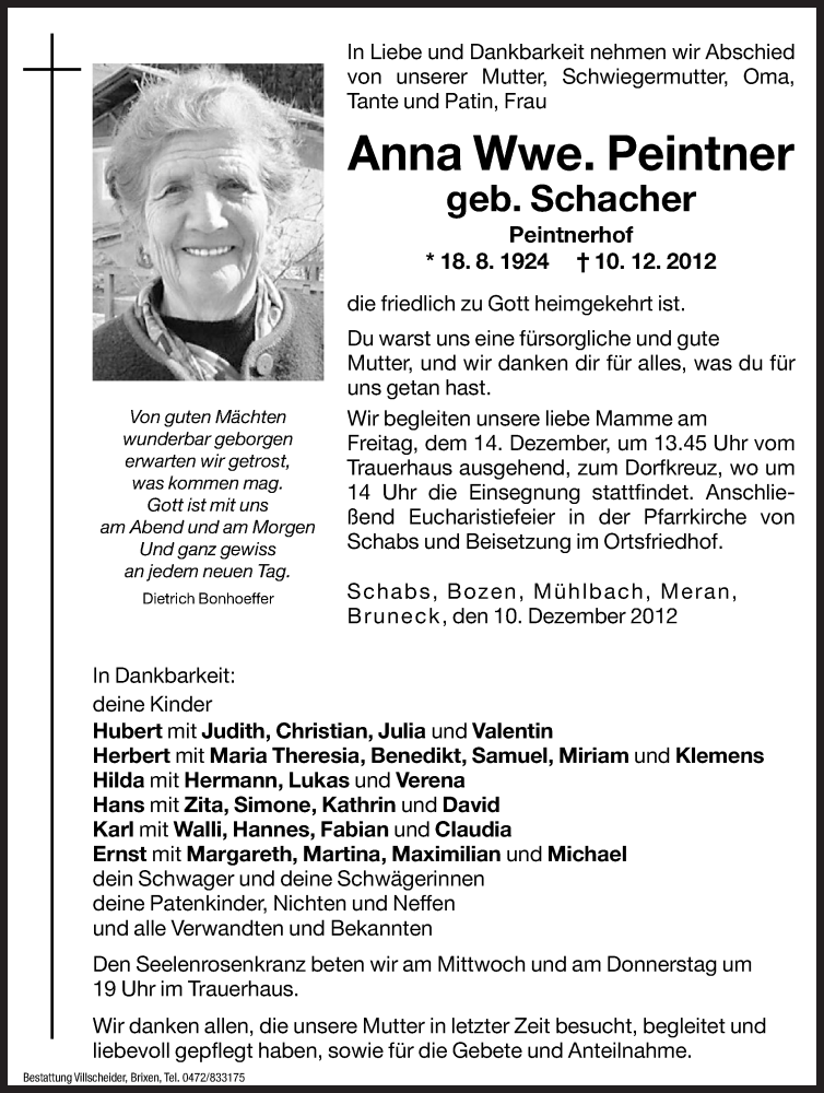  Traueranzeige für Anna Peintner vom 12.12.2012 aus Dolomiten