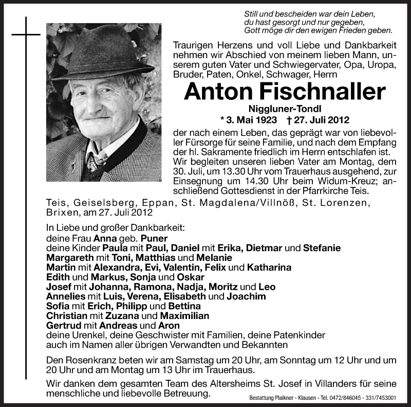  Traueranzeige für Anton Fischnaller vom 28.07.2012 aus Dolomiten