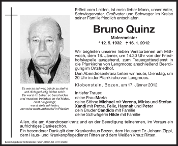 Traueranzeige von Bruno Quinz von Dolomiten