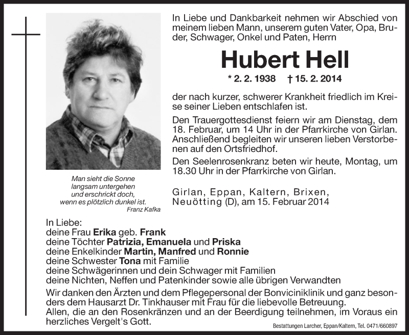  Traueranzeige für Hubert Hell vom 17.02.2014 aus Dolomiten