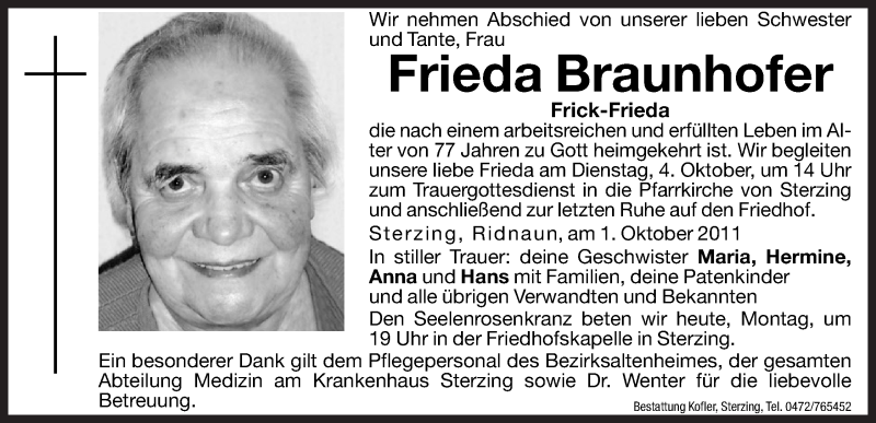  Traueranzeige für Frieda Braunhofer vom 03.10.2011 aus Dolomiten