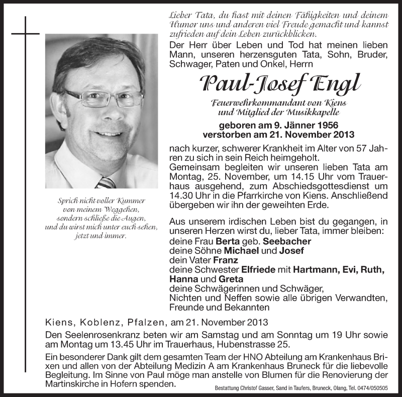  Traueranzeige für Paul-Josef Engl vom 23.11.2013 aus Dolomiten