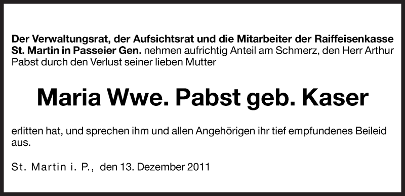  Traueranzeige für Maria Pabst vom 14.12.2011 aus Dolomiten