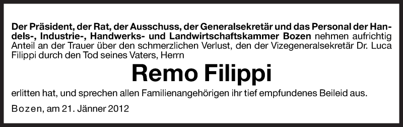  Traueranzeige für Remo Filippi vom 21.01.2012 aus Dolomiten