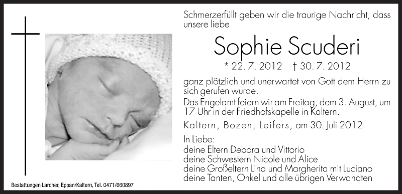  Traueranzeige für Sophie Scuderi vom 01.08.2012 aus Dolomiten