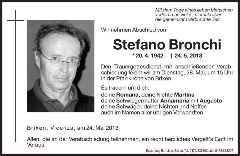  Traueranzeige für Stefano Bronchi vom 27.05.2013 aus Dolomiten